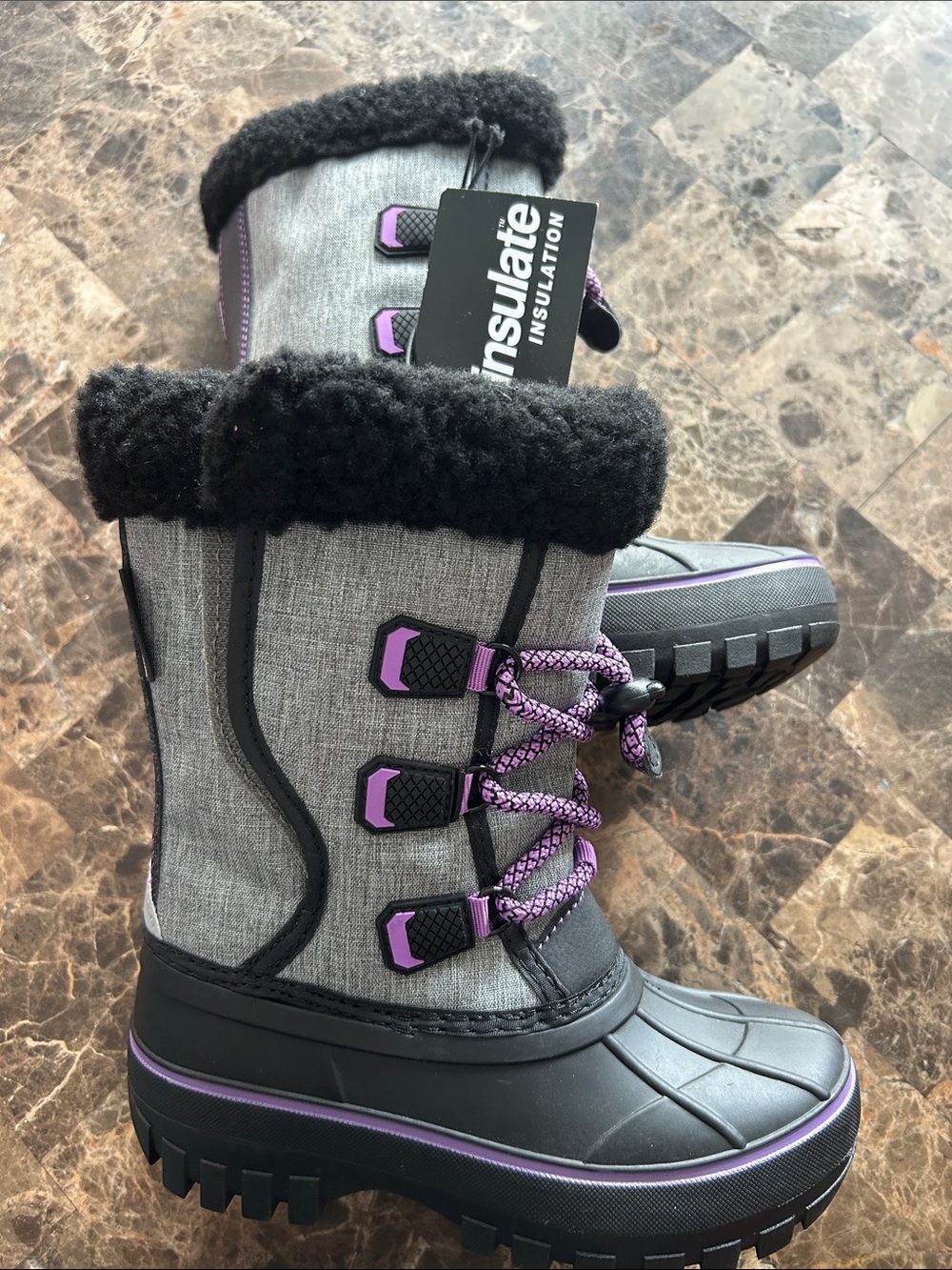 NWT 🆕 Girls Insulated Winter Boots - Gray with Purple Accents -30